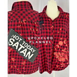 Not Today Satan UPCYCLED Vintage Flannel 2X Embroidered Rose Goth Rockabilly Emo